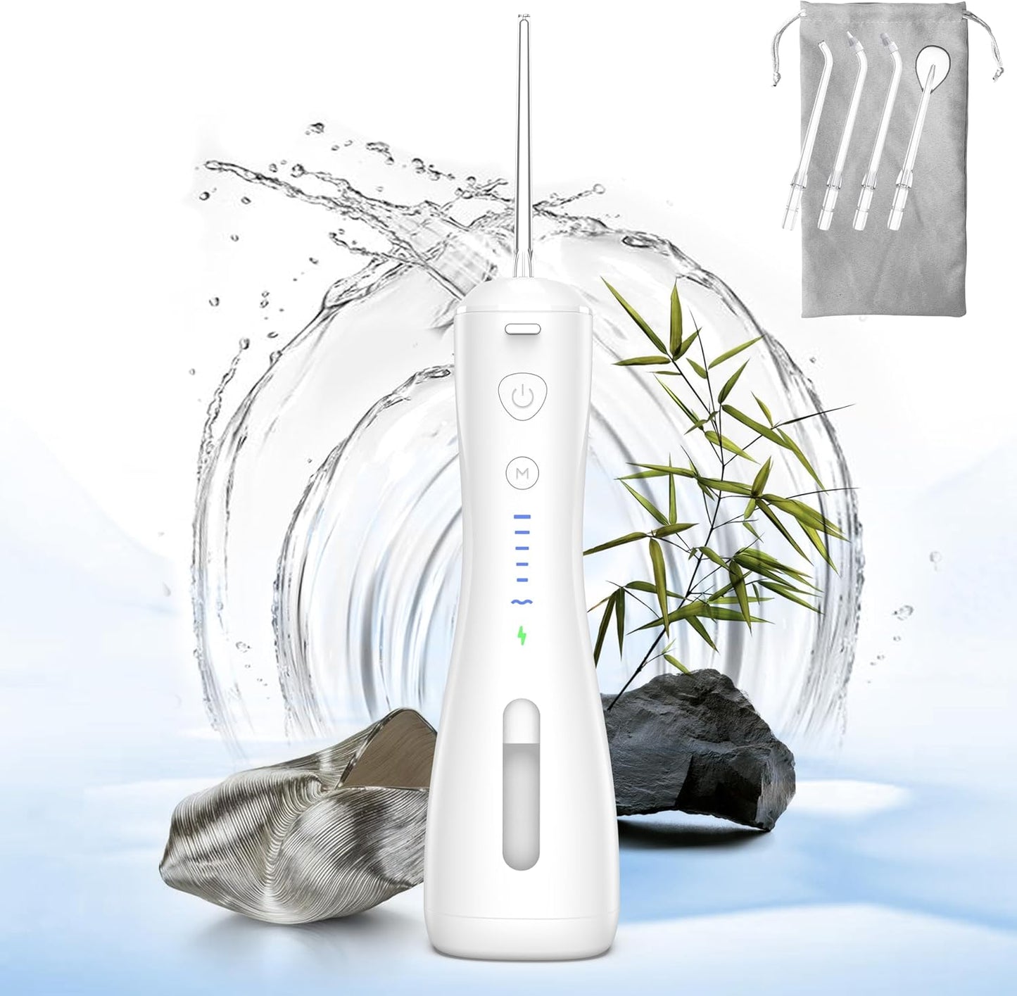 SYNHOPE cordless water flosser with telescopic water tank, multiple nozzles, and travel bag. Designed for superior oral care with a sleek white finish and eco-inspired design.