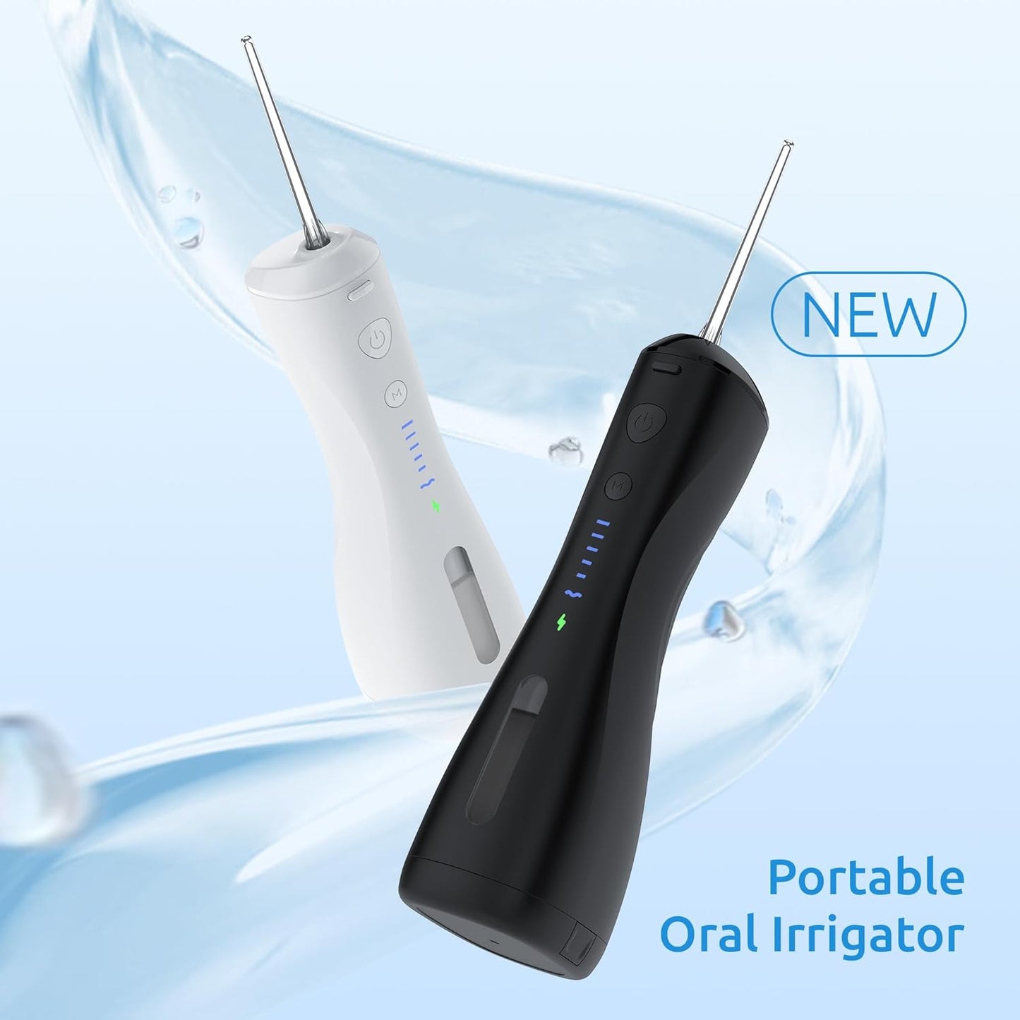 SYNHOPE portable oral irrigator in white and black colors. Compact, rechargeable, and perfect for home and travel use with a modern ergonomic design.