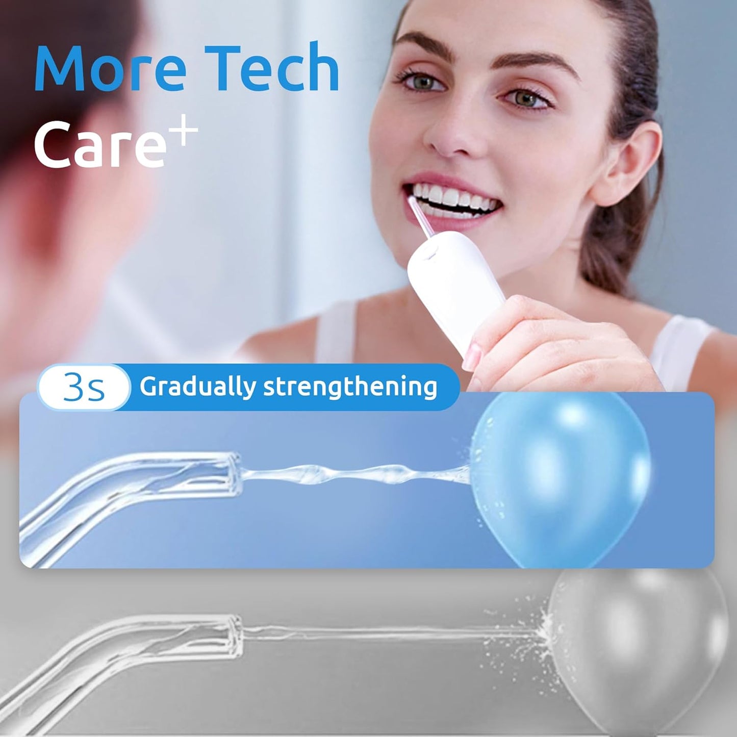 SYNHOPE water flosser with 3-second gradually strengthening water flow technology. Enhances comfort and effectiveness during use for better gum care.