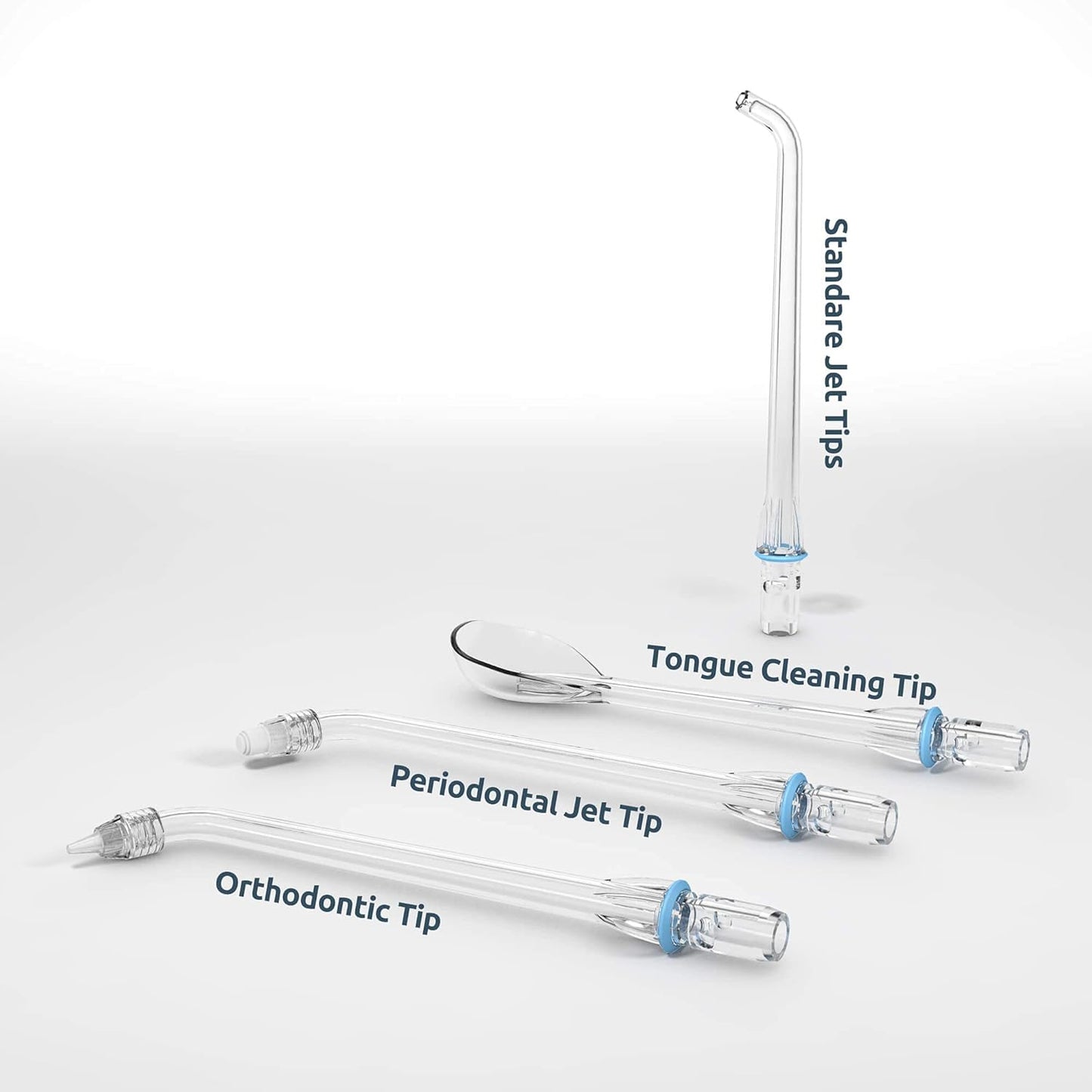 SYNHOPE water flosser nozzles: Standard Jet Tip, Tongue Cleaning Tip, Periodontal Jet Tip, and Orthodontic Tip for comprehensive dental cleaning.
