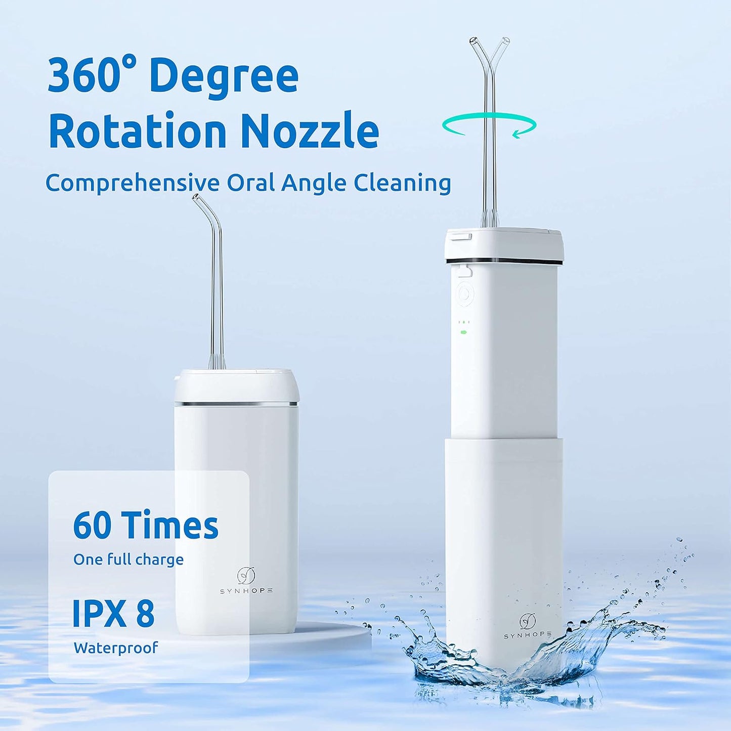 SYNHOPE water flosser featuring a 360-degree rotation nozzle for comprehensive oral cleaning and IPX8 waterproof technology, ensuring durability and convenience.