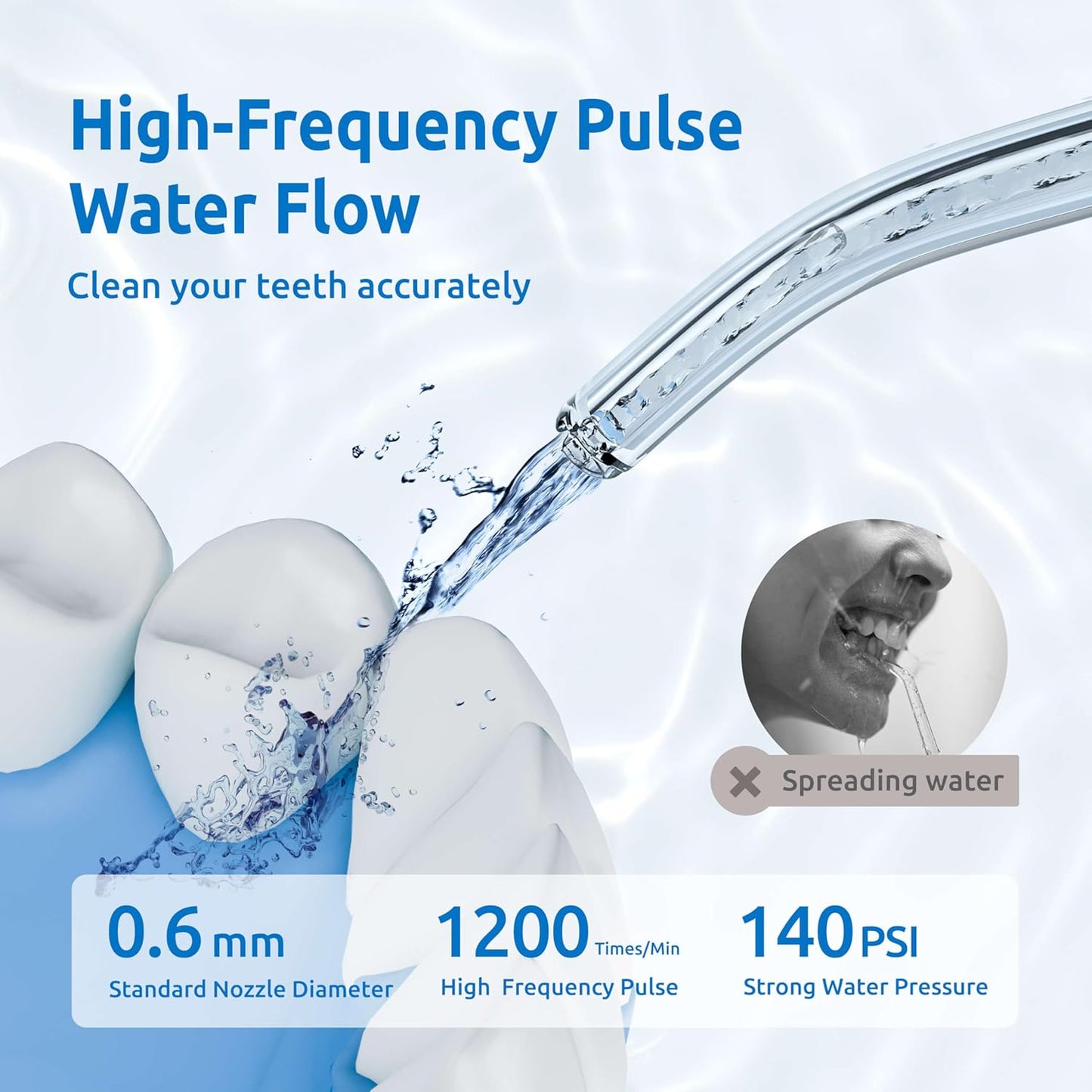 Experience precise dental cleaning with SYNHOPE's high-frequency pulse water flow. The 0.6mm standard nozzle diameter delivers strong water pressure for effective plaque removal.