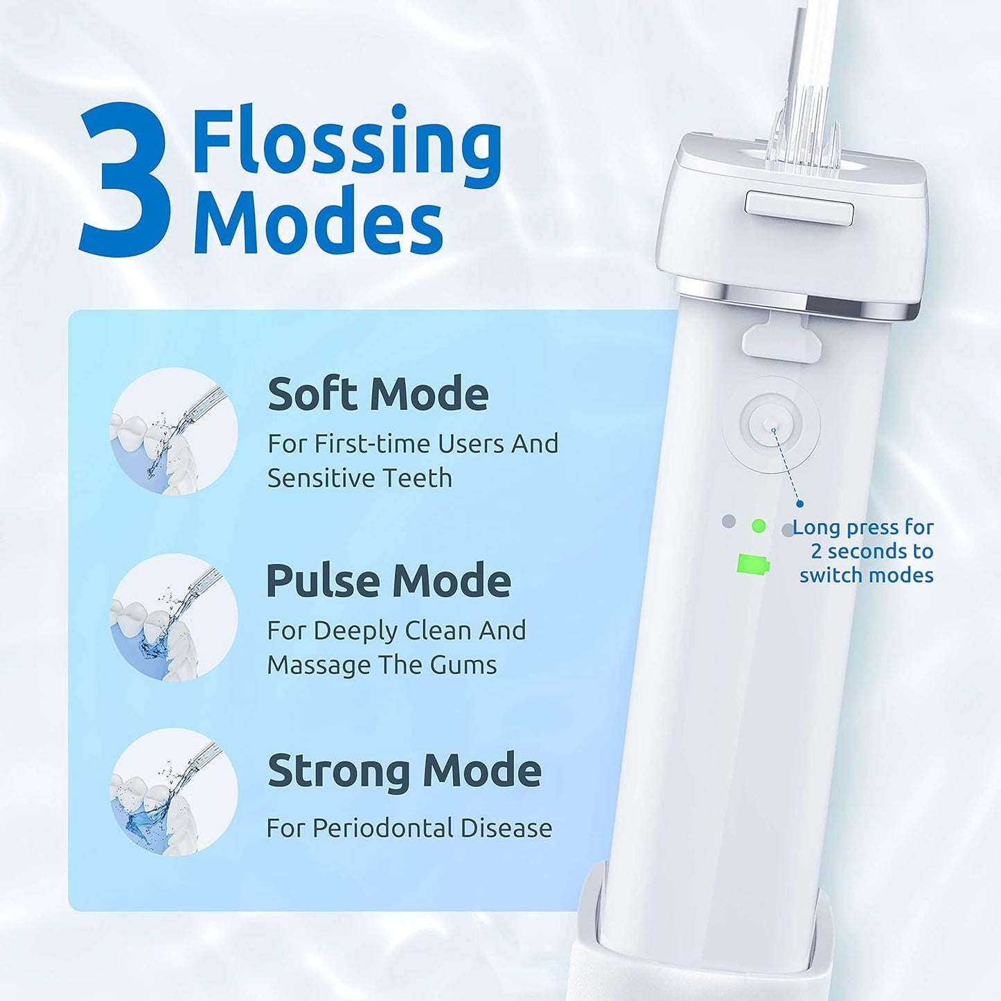 SYNHOPE water flosser offers three flossing modes—Soft, Pulse, and Strong—to cater to various dental needs, from sensitive teeth to periodontal disease management.