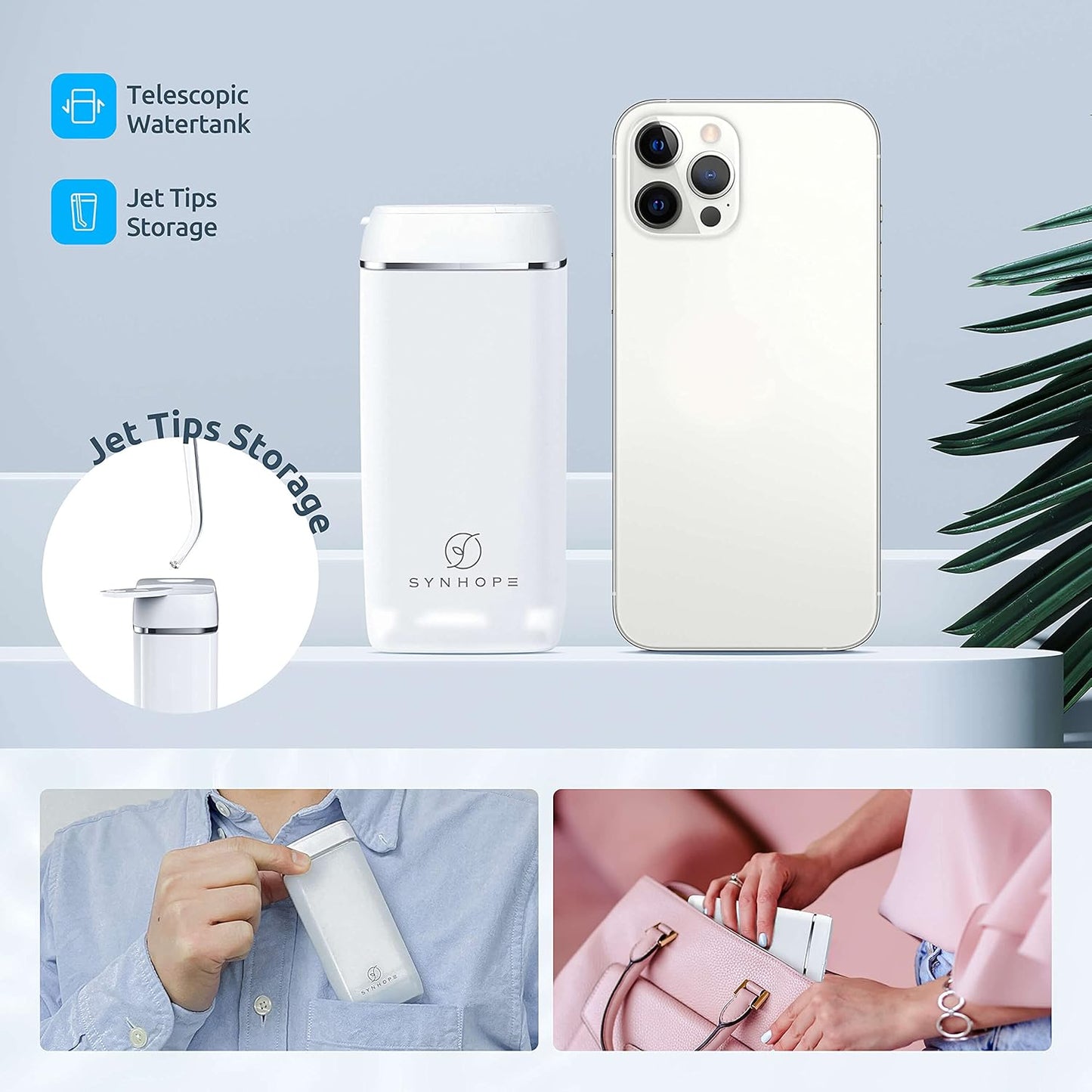 SYNHOPE Mini Portable Water Flosser, telescopic water tank, jet tips storage, compact and portable design, fits in pocket, fits in handbag, travel-friendly dental care, convenient oral hygiene solution, lightweight and compact flosser, easy to carry water flosser
