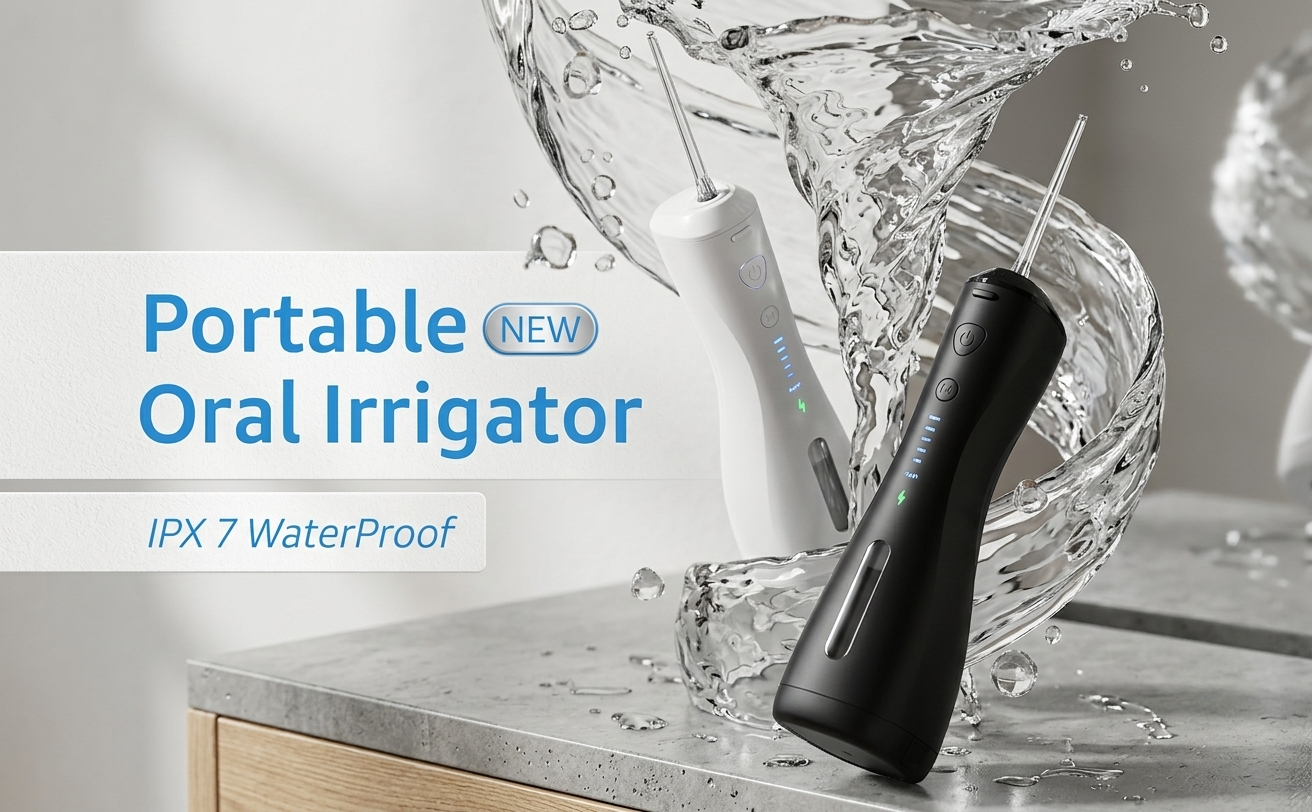 SYNHOPE portable oral irrigator in white and black, featuring IPX7 waterproof design. Ideal for travel and daily use with a sleek, modern look.