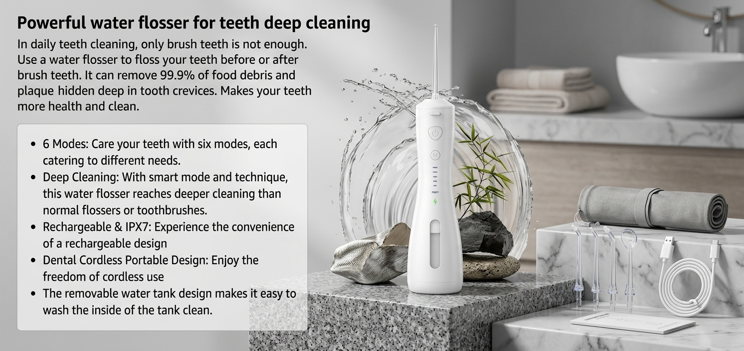 SYNHOPE water flosser with 6 cleaning modes, rechargeable battery, IPX7 waterproof rating, and 4 interchangeable nozzles. Perfect for deep cleaning teeth and gums.