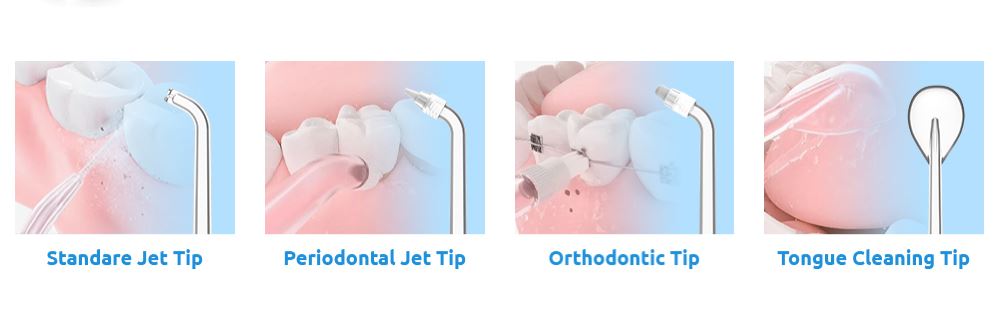 SYNHOPE water flosser with 4 specialized nozzles: Standard Jet Tip, Periodontal Jet Tip, Orthodontic Tip, and Tongue Cleaning Tip for comprehensive oral care.