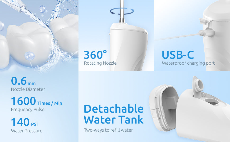 SYNHOPE water flosser features a 360° rotating nozzle, 0.6mm nozzle diameter, 1600 pulses per minute, 140 PSI water pressure, detachable water tank, and USB-C waterproof charging port.