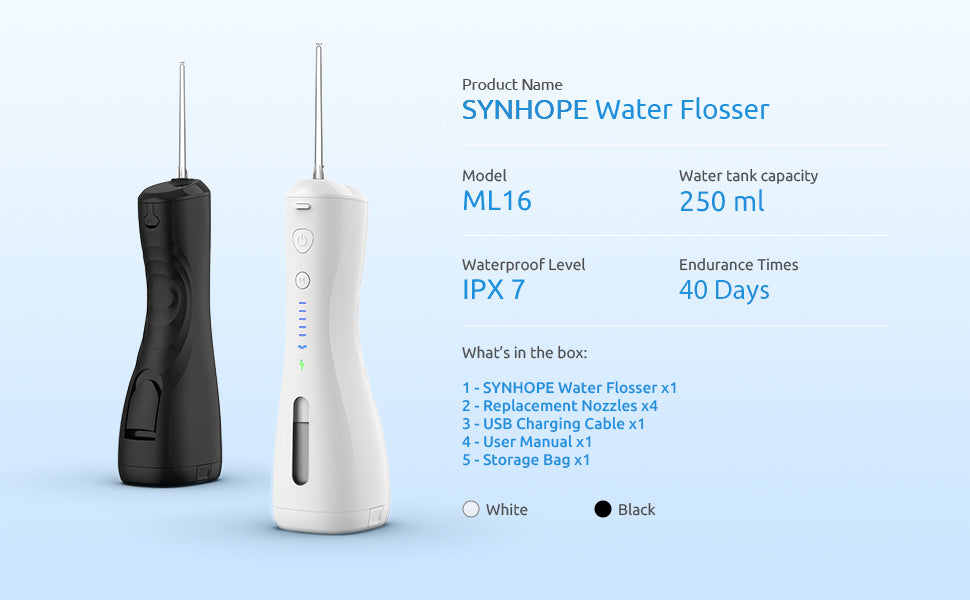 SYNHOPE Water Flosser ML16 in white and black colors. Includes 250ml water tank, IPX7 waterproof rating, 40-day battery life, 4 replacement nozzles, USB cable, user manual, and storage bag.
