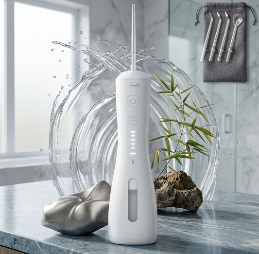 SYNHOPE cordless water flosser with telescopic water tank, multiple nozzles, and travel bag. Designed for superior oral care with a sleek white finish and eco-inspired design.