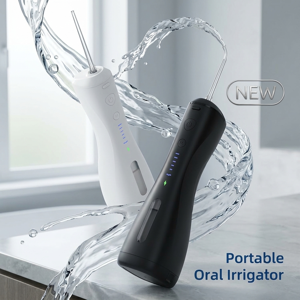 SYNHOPE portable oral irrigator in white and black colors. Compact, rechargeable, and perfect for home and travel use with a modern ergonomic design.