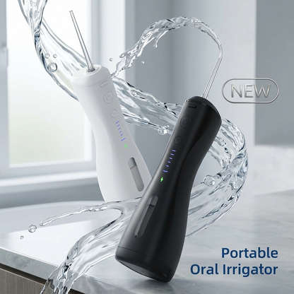 SYNHOPE portable oral irrigator in white and black colors. Compact, rechargeable, and perfect for home and travel use with a modern ergonomic design.