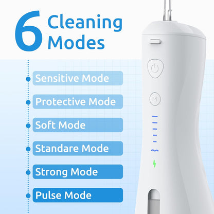 SYNHOPE water flosser featuring 6 cleaning modes: Sensitive, Protective, Soft, Standard, Strong, and Pulse. Ideal for personalized dental care and gum health.