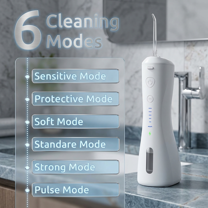 SYNHOPE water flosser featuring 6 cleaning modes: Sensitive, Protective, Soft, Standard, Strong, and Pulse. Ideal for personalized dental care and gum health.