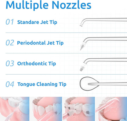 SYNHOPE water flosser with 4 specialized nozzles: Standard Jet Tip, Periodontal Jet Tip, Orthodontic Tip, and Tongue Cleaning Tip for comprehensive oral hygiene.