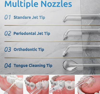 SYNHOPE water flosser with 4 specialized nozzles: Standard Jet Tip, Periodontal Jet Tip, Orthodontic Tip, and Tongue Cleaning Tip for comprehensive oral hygiene.
