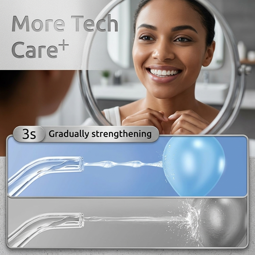 SYNHOPE water flosser with 3-second gradually strengthening water flow technology. Enhances comfort and effectiveness during use for better gum care.