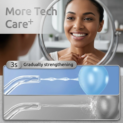 SYNHOPE water flosser with 3-second gradually strengthening water flow technology. Enhances comfort and effectiveness during use for better gum care.