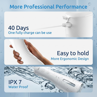 SYNHOPE water flosser with 40-day battery life, ergonomic design for easy grip, and IPX7 waterproof rating. Professional performance for reliable and convenient oral care.
