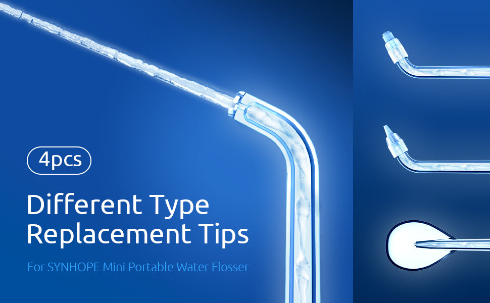 SYNHOPE 4-piece replacement tips for mini portable water flosser. Includes standard, periodontal, orthodontic, and tongue cleaning nozzles for comprehensive oral care.