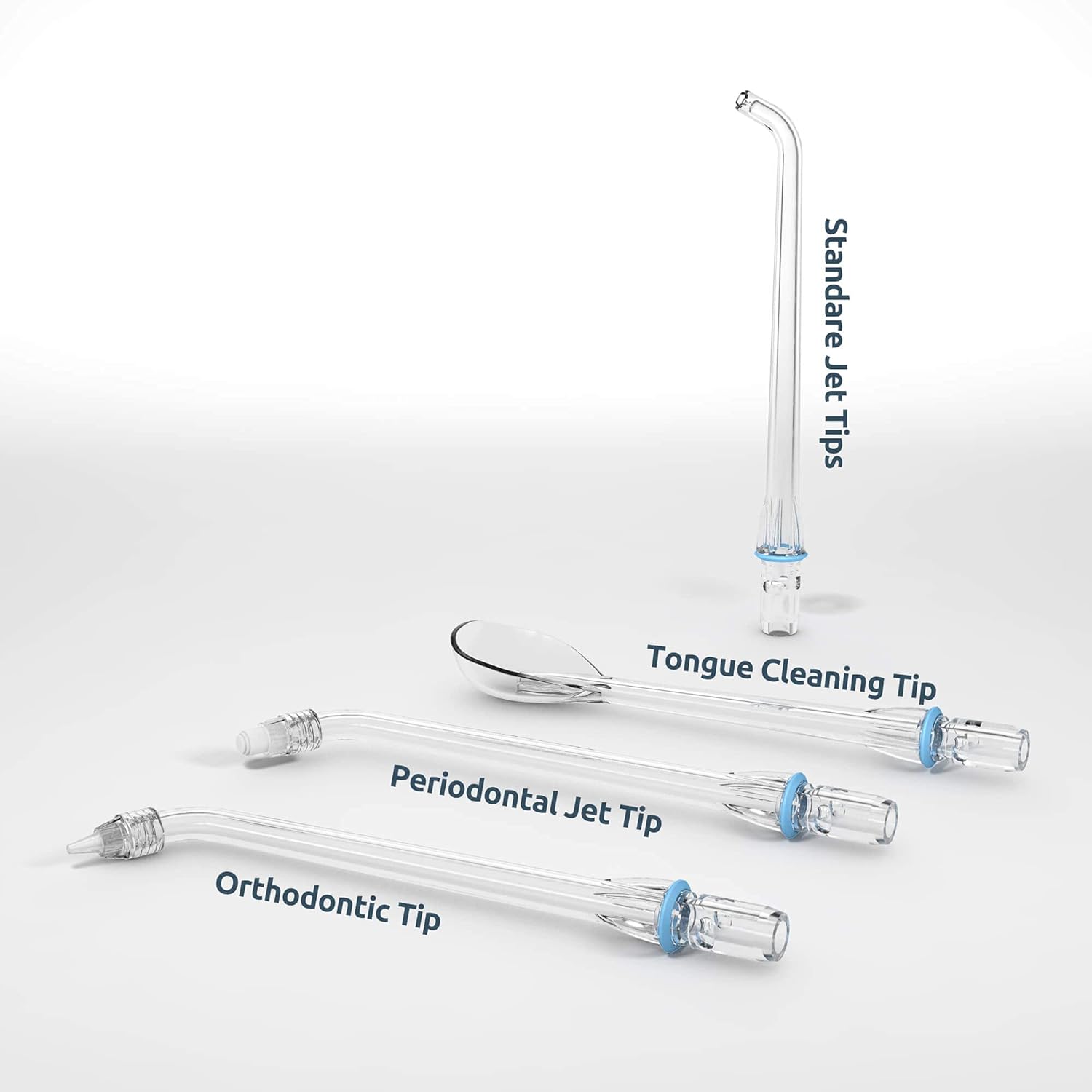 SYNHOPE water flosser nozzles: Standard Jet Tip, Tongue Cleaning Tip, Periodontal Jet Tip, and Orthodontic Tip for comprehensive dental cleaning.