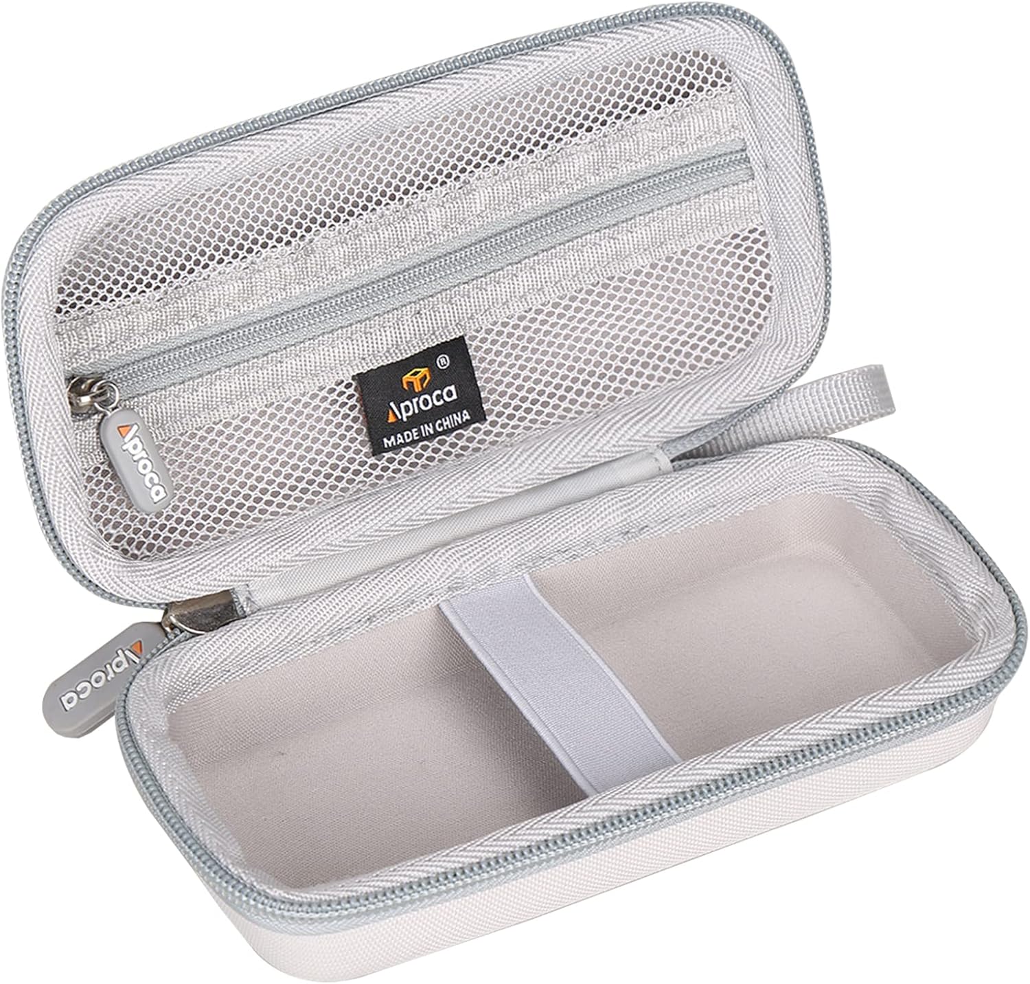 Interior of the SYNHOPE water flosser storage case showing padded compartments and mesh pockets for organized travel storage.