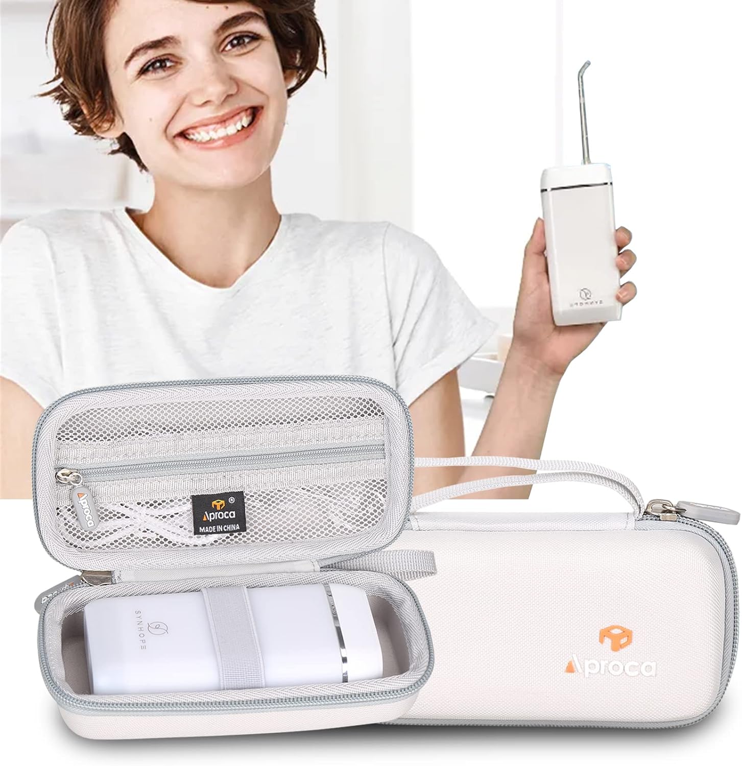 Woman holding SYNHOPE water flosser next to its protective travel case, showcasing a clean and convenient oral care solution for on-the-go use.