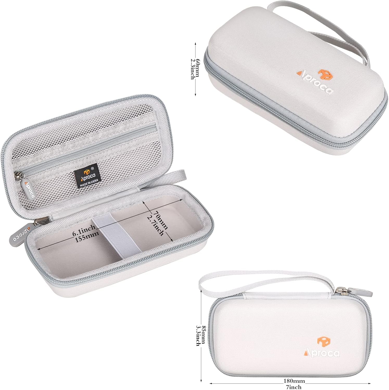 SYNHOPE water flosser travel case with precise dimensions: 7 x 3.3 x 2.3 inches. Features padded interior and mesh pockets for secure storage and portability.