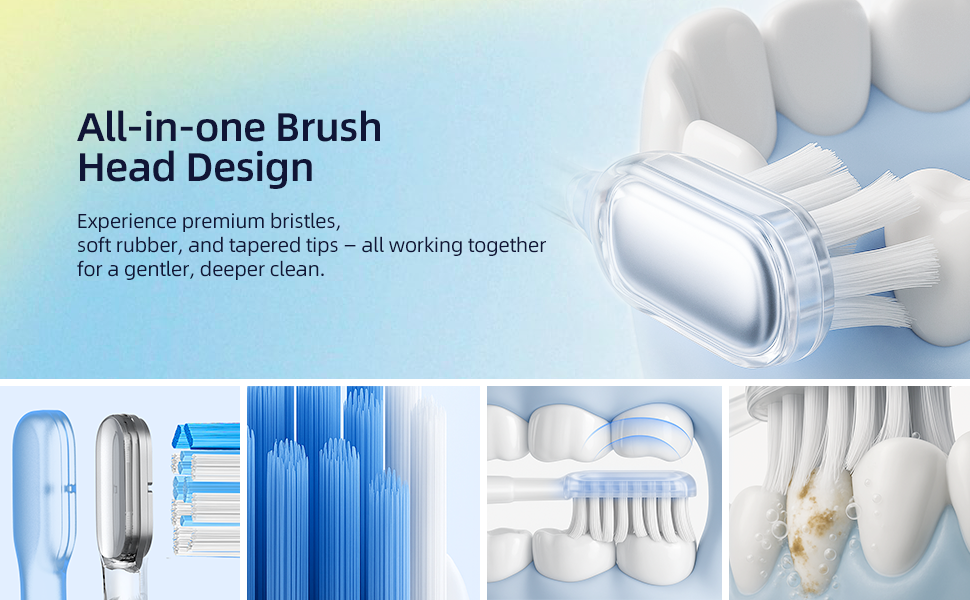 SYNHOPE all-in-one brush head combines premium bristles, soft rubber, and tapered tips for a gentler, deeper clean that’s gentle on gums and tough on plaque.