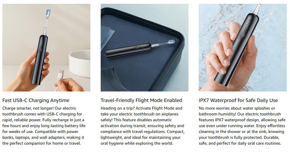 SYNHOPE Y01 toothbrush features fast USB-C charging, travel-friendly Flight Mode, and IPX7 waterproof design for safe daily use at home or on the go.