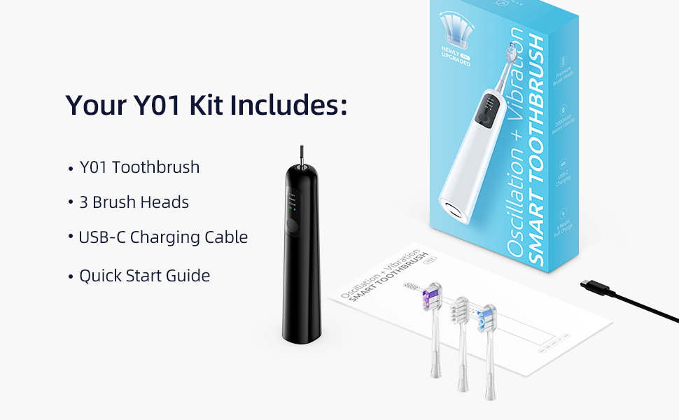 SYNHOPE Y01 electric toothbrush kit includes 1 toothbrush, 3 brush heads, USB-C charging cable, and quick start guide — everything you need for smarter, cleaner brushing.