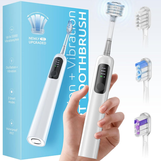 SYNHOPE 60° oscillating sonic toothbrush with 3 smart modes, IPX7 waterproof, and up to 33,000 vibrations per minute — shown with replacement heads and packaging.