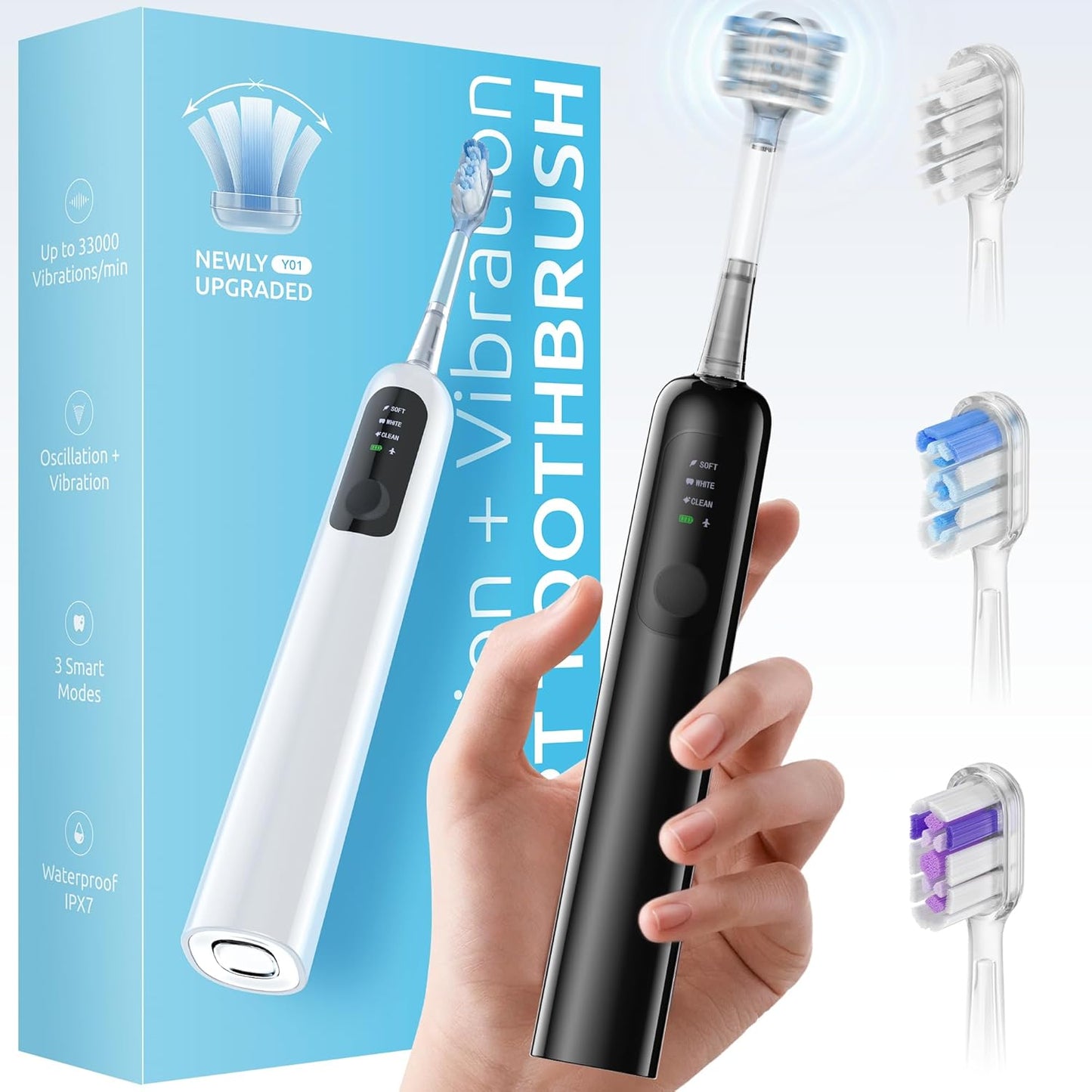 SYNHOPE 60° oscillating sonic toothbrush with 3 smart modes, IPX7 waterproof, and up to 33,000 vibrations per minute — shown with replacement heads and packaging.