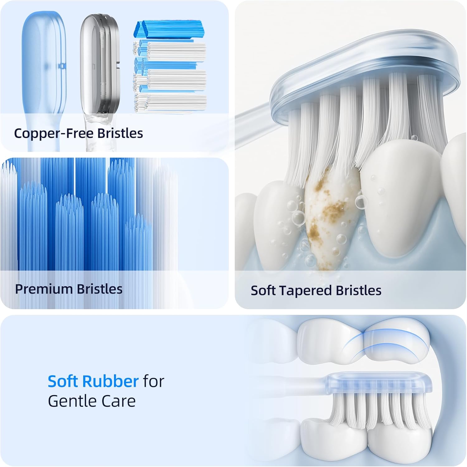 SYNHOPE sonic toothbrush features copper-free bristles, premium soft tapered design, and gentle rubber edges for effective yet comfortable cleaning.