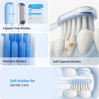 SYNHOPE sonic toothbrush features copper-free bristles, premium soft tapered design, and gentle rubber edges for effective yet comfortable cleaning.
