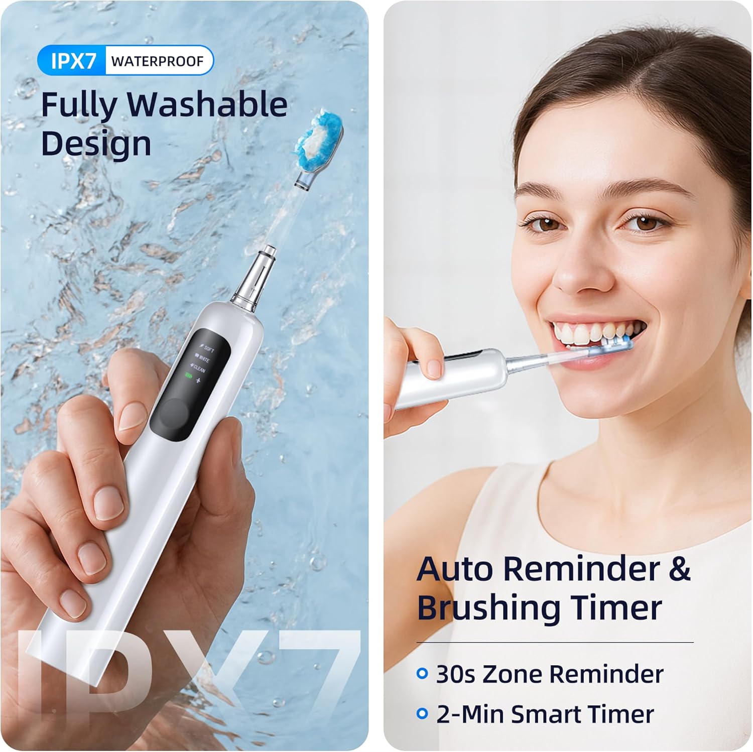 SYNHOPE waterproof sonic toothbrush (IPX7) — fully washable design and auto 2-minute timer with 30s zone reminders for optimal brushing habits.