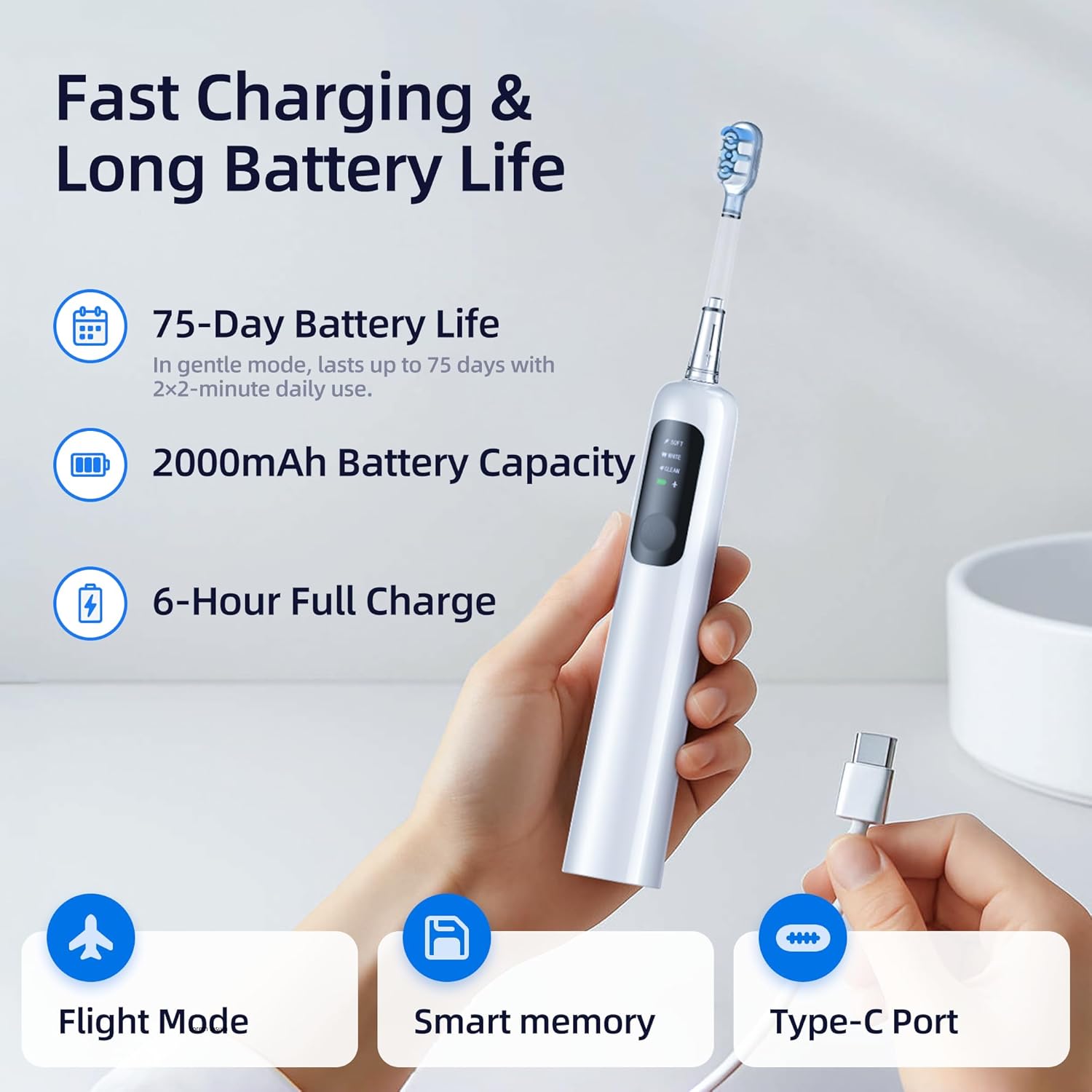SYNHOPE sonic toothbrush with 75-day battery life, 2000mAh capacity, and Type-C fast charging. Includes Flight Mode and Smart Memory for travel-friendly use.