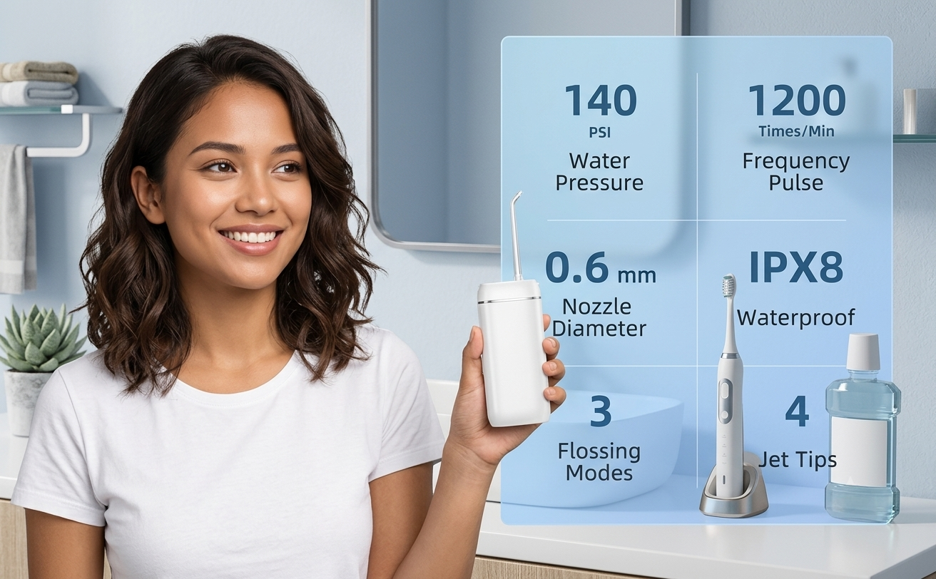 SYNHOPE Mini Portable Water Flosser held by a smiling woman, highlighting features like 140 PSI water pressure, 1200 frequency pulse, IPX8 waterproof, 0.6mm nozzle diameter, 3 flossing modes, and 4 jet tips for superior dental care.