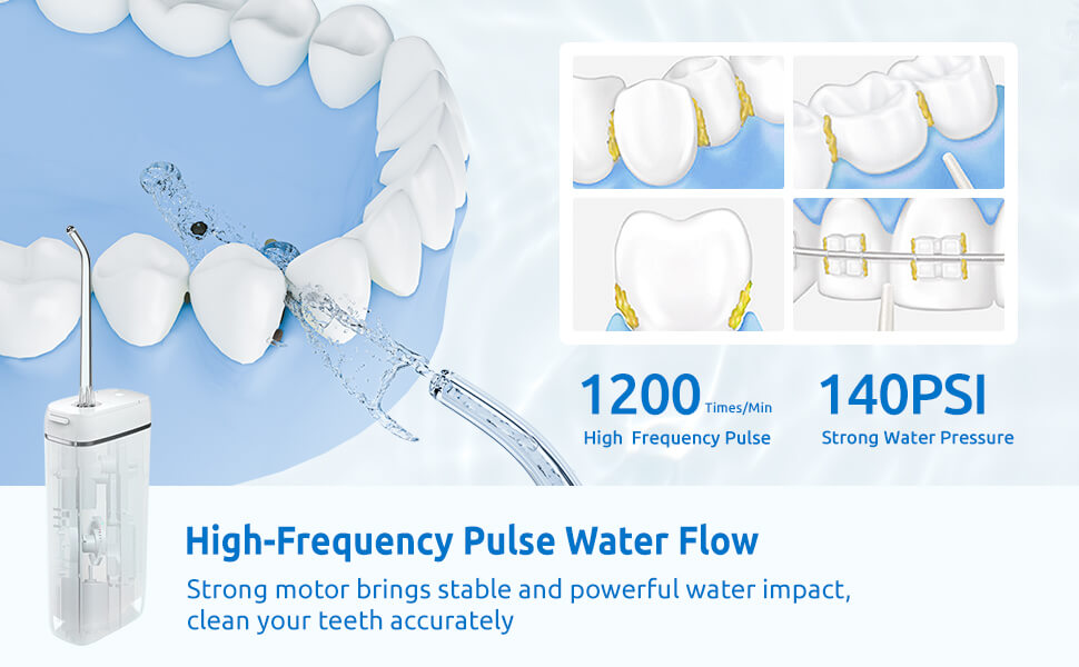 SYNHOPE water flosser demonstrating high-frequency pulse water flow with 1200 times per minute pulses and 140 PSI strong water pressure, ensuring accurate and effective teeth cleaning.