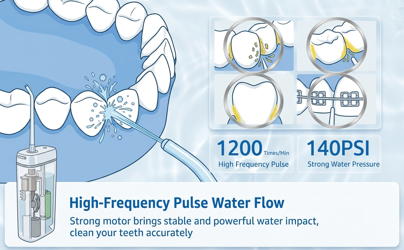 SYNHOPE water flosser demonstrating high-frequency pulse water flow with 1200 times per minute pulses and 140 PSI strong water pressure, ensuring accurate and effective teeth cleaning.