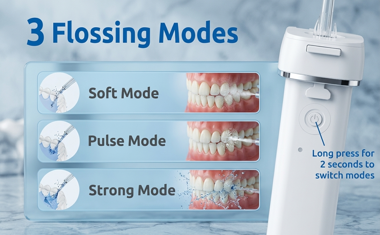 SYNHOPE water flosser showcasing three flossing modes—Soft, Pulse, and Strong—designed to cater to various dental requirements, from gentle cleaning to powerful plaque removal.