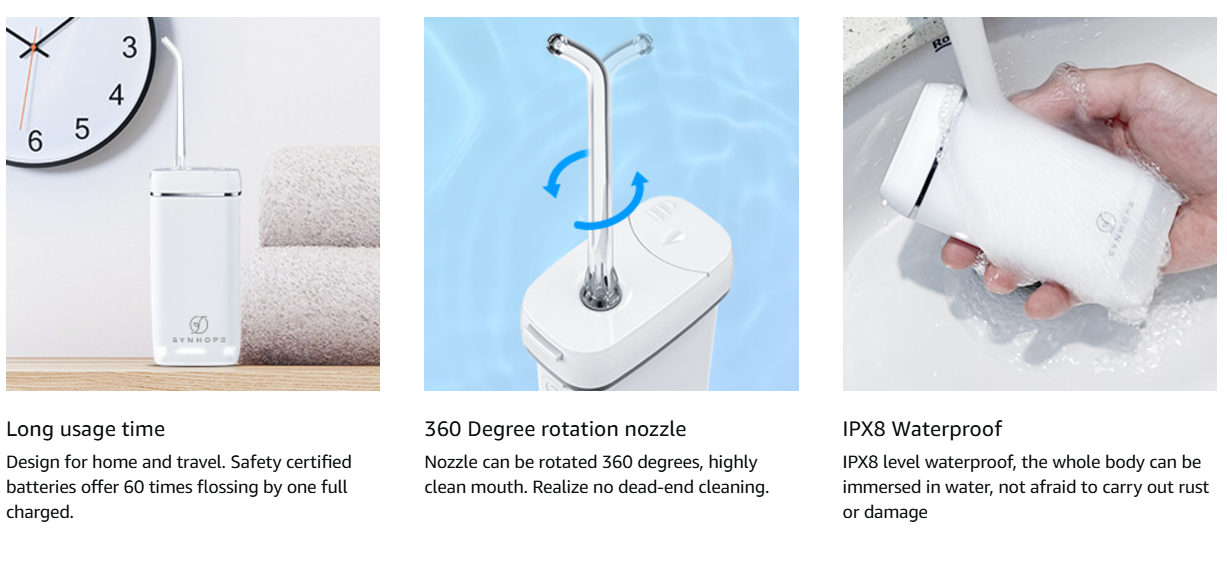 SYNHOPE Mini Portable Water Flosser measuring 4.88 inches, compact enough to fit next to a smartphone. Easily carried in pockets or handbags, ideal for travel and everyday use.