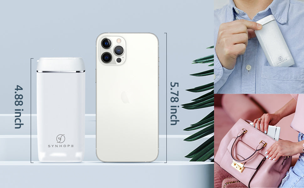 SYNHOPE Mini Portable Water Flosser measuring 4.88 inches, compact enough to fit next to a smartphone. Easily carried in pockets or handbags, ideal for travel and everyday use.