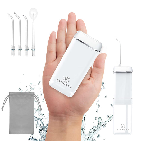 SYNHOPE Mini Portable Water Flosser held in hand, showcasing its compact size and included accessories like nozzles and a travel bag. Perfect for superior dental care on the go.
