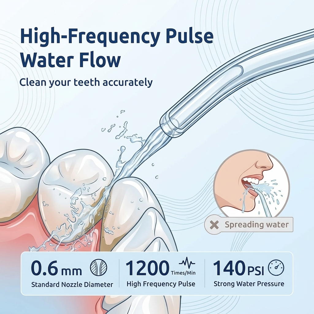 Experience precise dental cleaning with SYNHOPE's high-frequency pulse water flow. The 0.6mm standard nozzle diameter delivers strong water pressure for effective plaque removal.