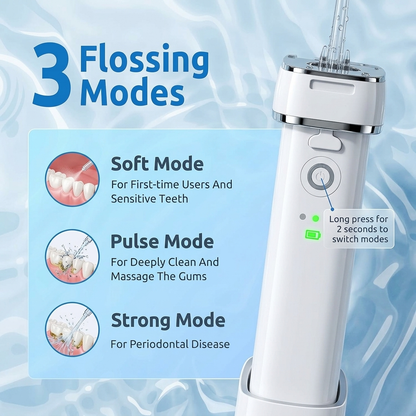 SYNHOPE water flosser offers three flossing modes—Soft, Pulse, and Strong—to cater to various dental needs, from sensitive teeth to periodontal disease management.