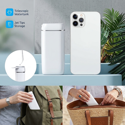 SYNHOPE Mini Portable Water Flosser, telescopic water tank, jet tips storage, compact and portable design, fits in pocket, fits in handbag, travel-friendly dental care, convenient oral hygiene solution, lightweight and compact flosser, easy to carry water flosser